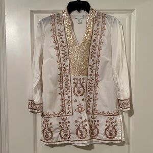 Charter Club Size XS White and Gold Embroidered Tunic with Sequin Neckline